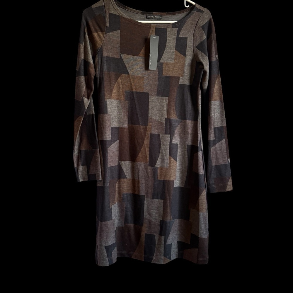 Eileen Fisher Geometric Long Sleeve Dress - Black and Brown
